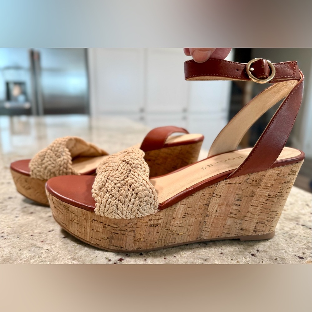 Jack Rogers Women's Brown and Cream Wedge Sandals NWOT
